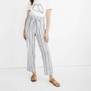 NEW Madewell Striped Linen Blend Paperbag Ankle Pant Ivory Navy - 6